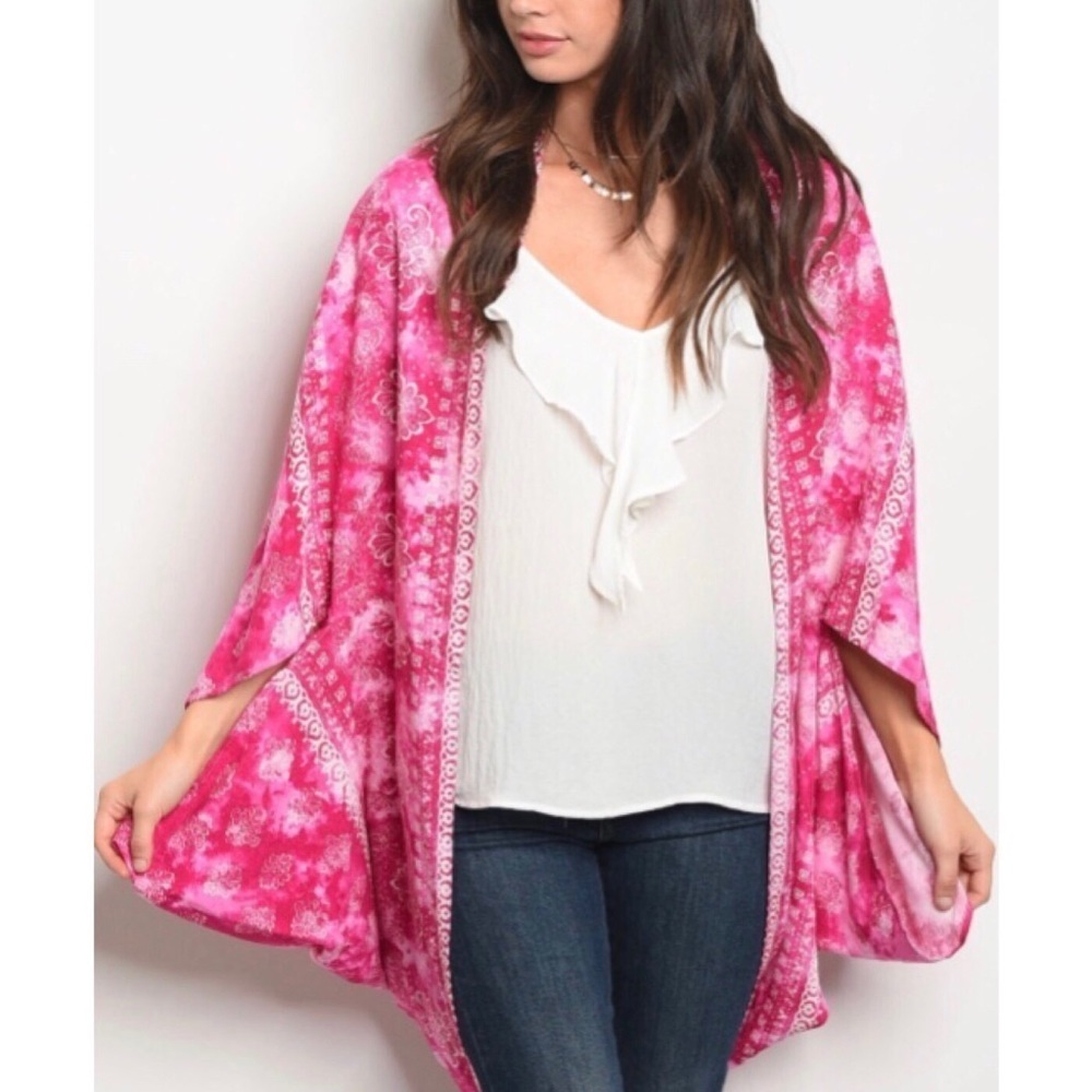 Pink Boho Print Dolman Sleeve Kimono​​